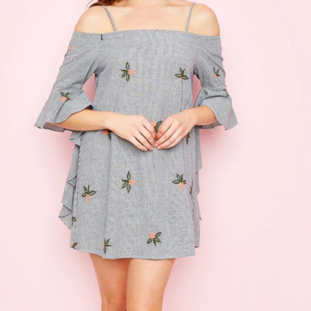 Ladies Embroidered Flower Denim Stripe Ruffle Drape Sleeve Dress